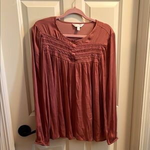 LC Lauren Conrad Pink Smocked Long Sleeve Blouse